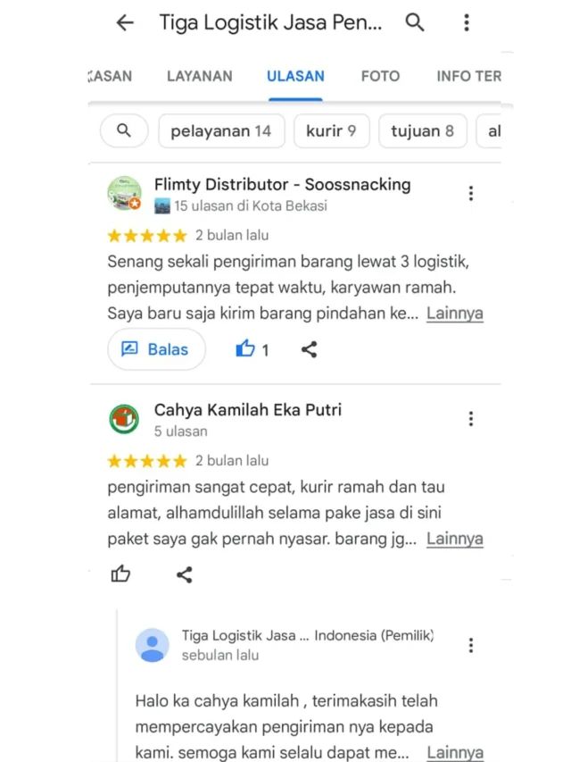 Ulasan pelanggan Tiga Logistik di Google, tangkapan layar 1
