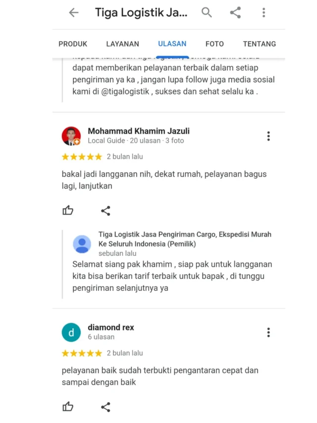 Ulasan pelanggan Tiga Logistik di Google, tangkapan layar 7